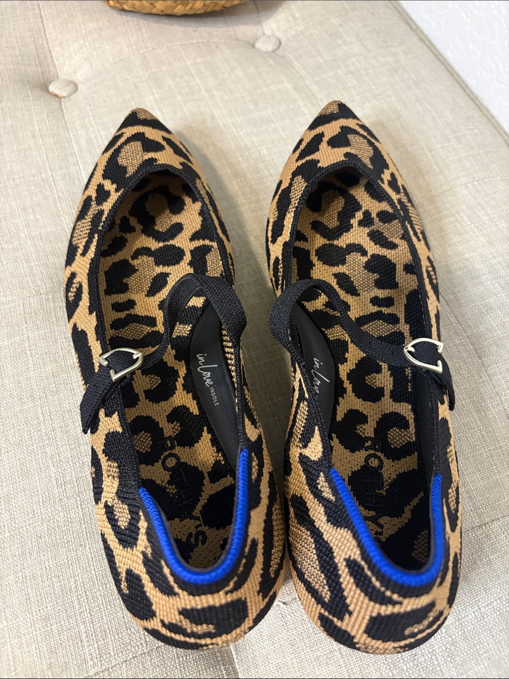 Rothy's Leopard the pointe ii Mary Jane Flats in Tan, Black & Blue Trim 9.5 - Picture 2 of 8